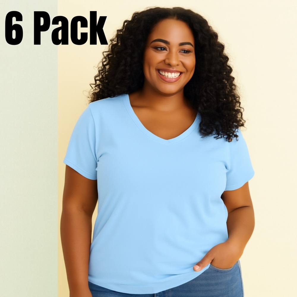 Hanes Women's Perfect T - 6 Pack, Light Blue V-Neck Light Blue Cotton